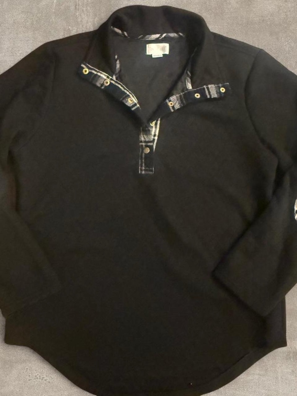 Women’s Black Pullover Hoodie with Plaid-Trim Henley Collar